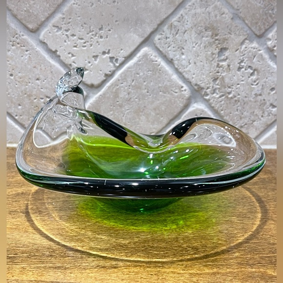 VINTAGE ITALIAN HAND BLOWN ART GLASS CLEAR & LIME GREEN BOWL - Picture 2 of 10